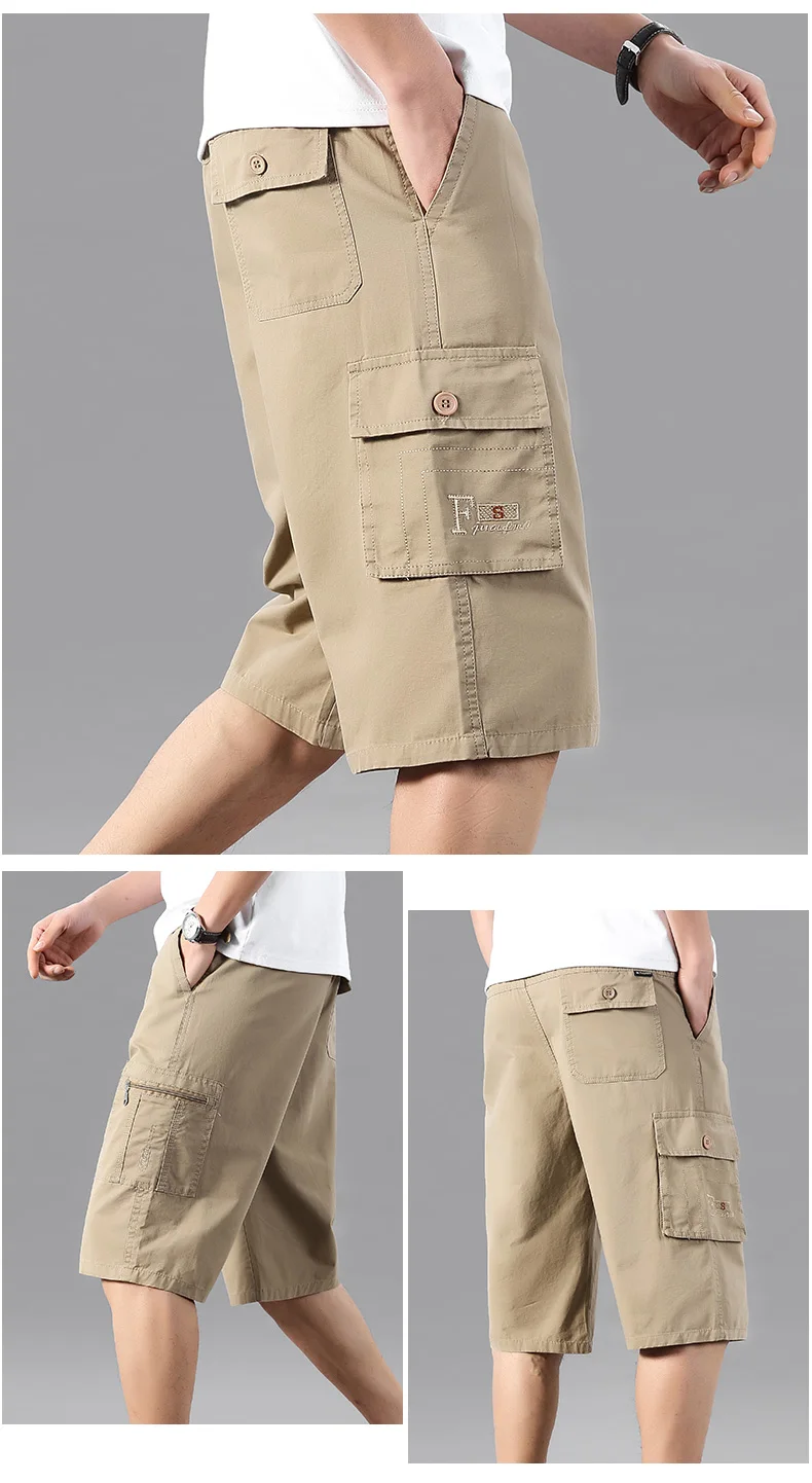 Knielange Freizeitshorts für Herren, Reißverschlusstasche, modisch, lockere, gerade Baumwolle, bequem, Strand, kurze Laufhose – Detail 7