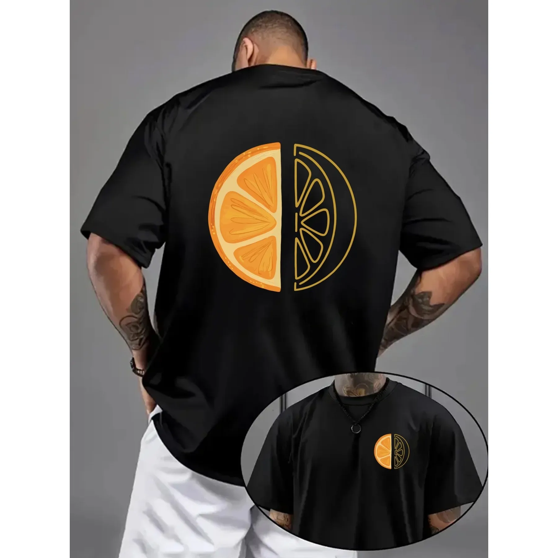 Orange Slice Fruit Graphic Men's Oversized T-Shirt Drop-Shoulder Casual Loose Cotton Tee