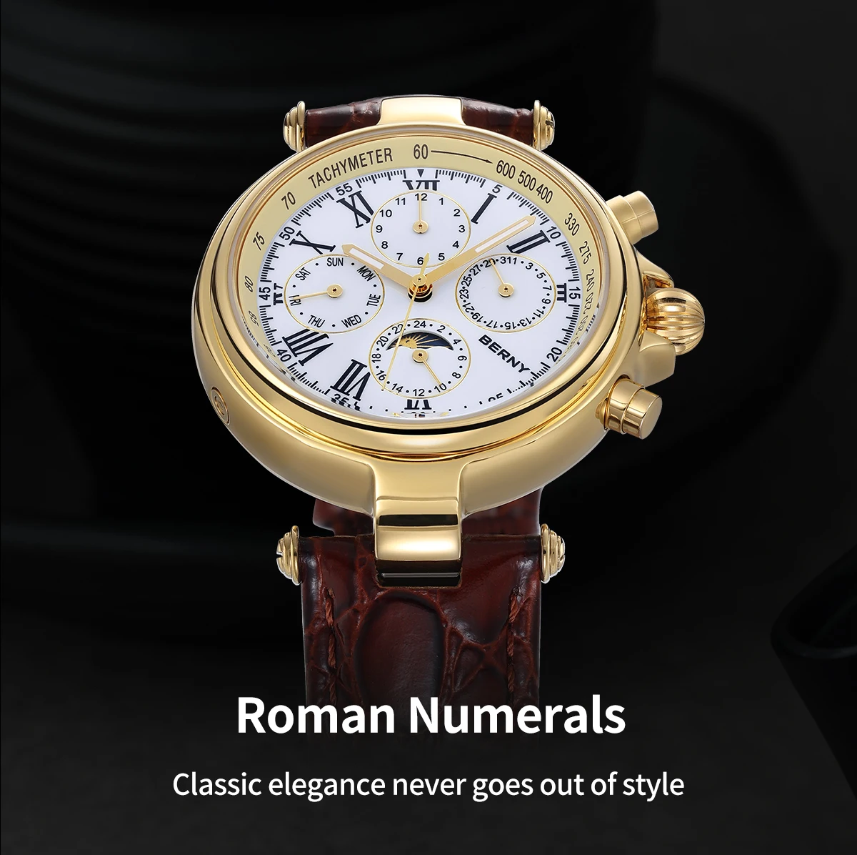 BERNY Retro Automatic Men's Watch Sun&Moon Phase Luminous ST1652 Classic Genuine Leather Luxury Mechanical Men's Dress Watches