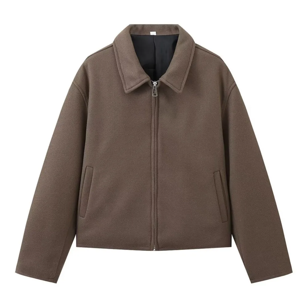 Vintage Solid Brown Turndown Collar Coats For Women Elegant Long Sleeves Zipper Loose Jacket Fashion Commute High Street Jackets