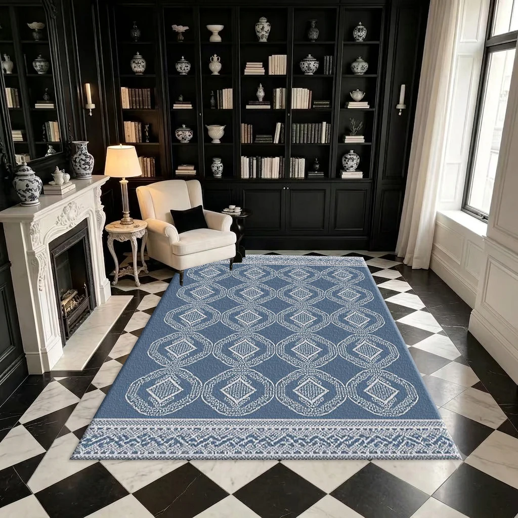 Blue and White Checkered Diamond Border Carpet Floor Covering with Simple Geometric Seamless Print, Suitable for Modern Rooms