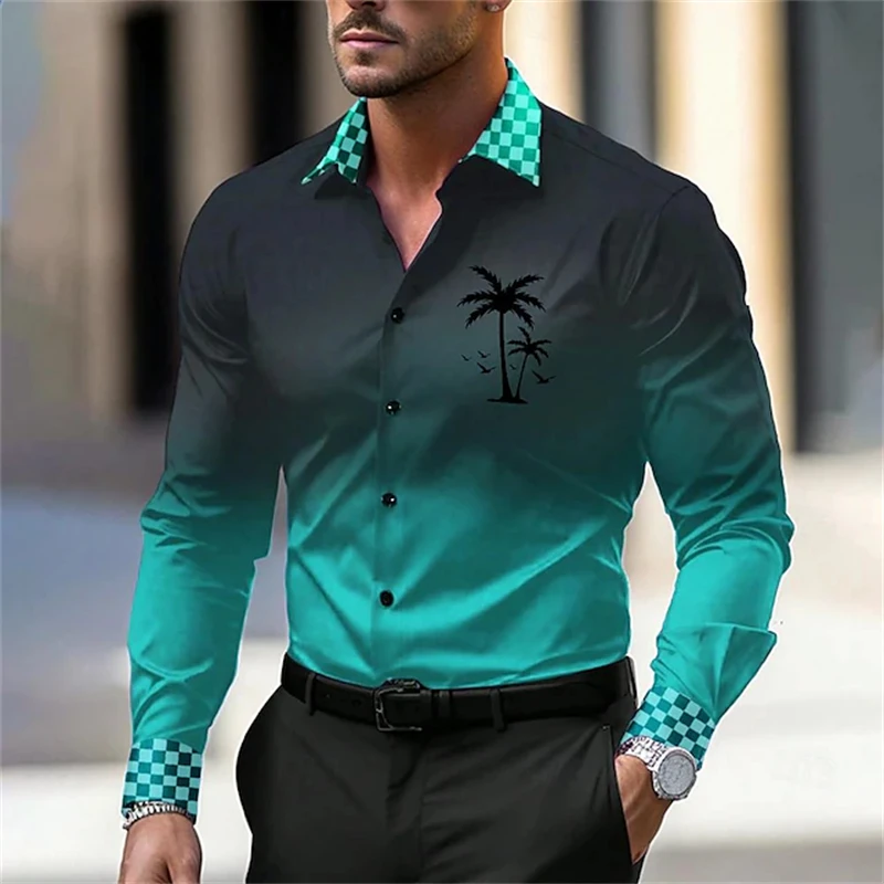 

Fashion Men's Long-sleeved shirt Funny Gradient Cross Print T-shirt Tops Elegant Man Party Commuter Wear Fall Loose Lapel Shirt