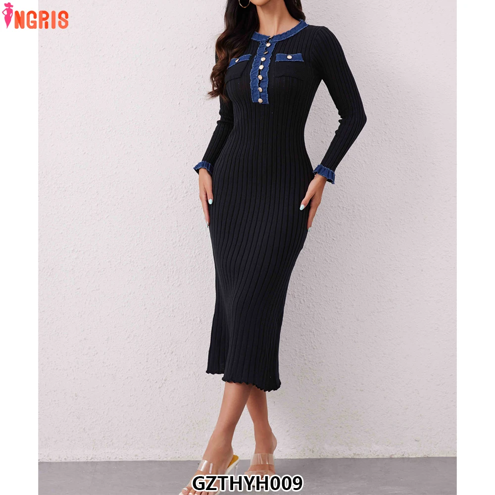 

Temperament knitted sweater dress for women, new style, slim waist, slim fit, versatile, long skirt with pockets-GZTHYH009