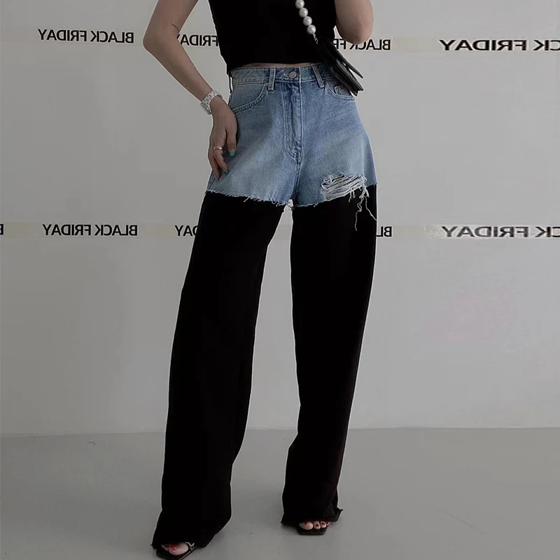 

Широкие джинсовые джинсы с высокой талией, женские весенние винтажные лоскутные дизайнерские потертые цветные блузки, повседневные модные брюки