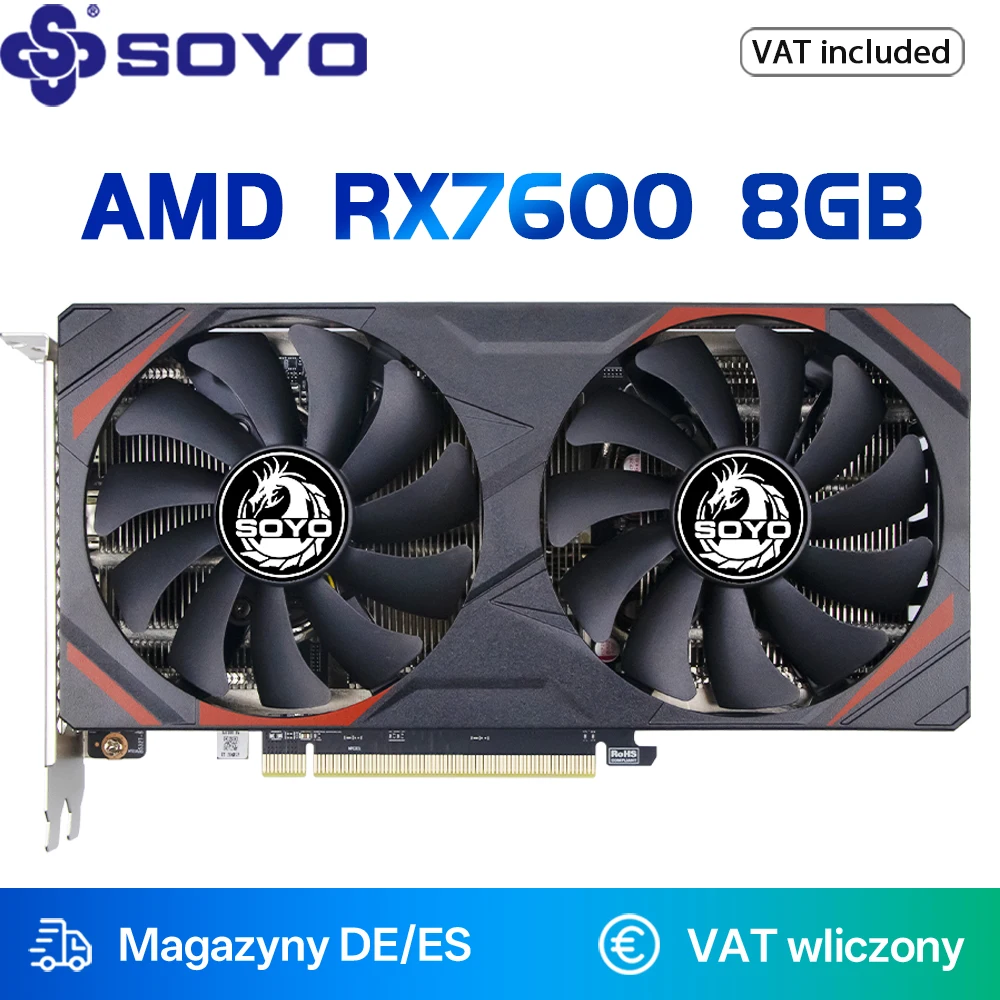 SOYO AMD Radeon RX7600 8GB carte graphique de jeu mémoire GDDR6 128Bit PCIEx16 3.0 pour ordinateur de bureau cartes vidéo RX 7600