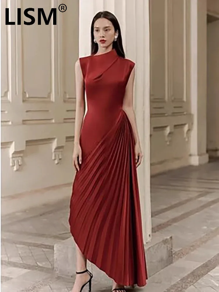 LISM Mode vrouwen Avondjurk Geplooide Onregelmatige Effen Kleur Mouwloos Satijn Elegante Feestjurken 2024 Herfst Nieuwe