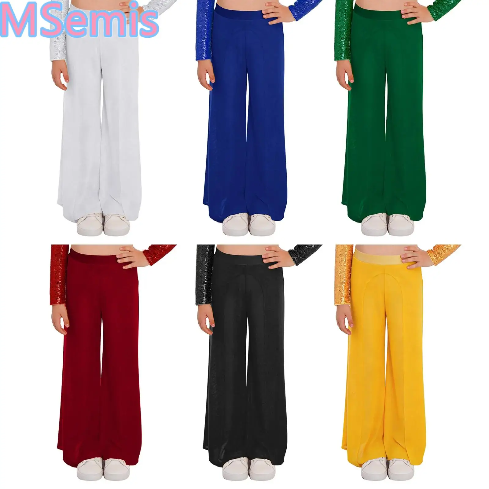 

Kids Girls Lyrical Dance Pants Elastic Waistband Wide-Leg Mesh Pants with Built-in Briefs for Competition Performance