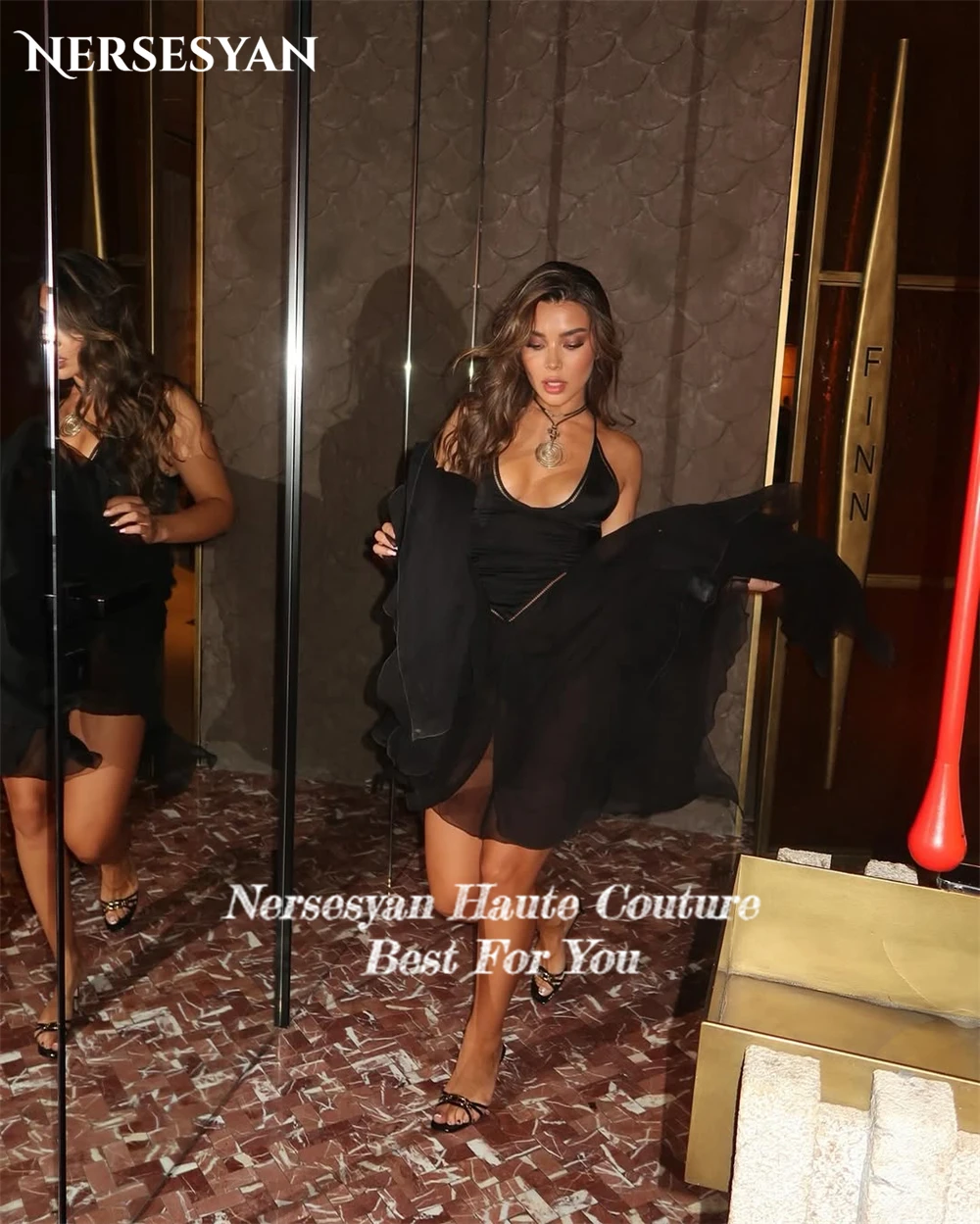 Nersesyan Sexy noir robes de bal en mousseline de soie bretelles Spaghetti une ligne robe de soirée formelle dos nu sans manches robe de soirée personnalisée