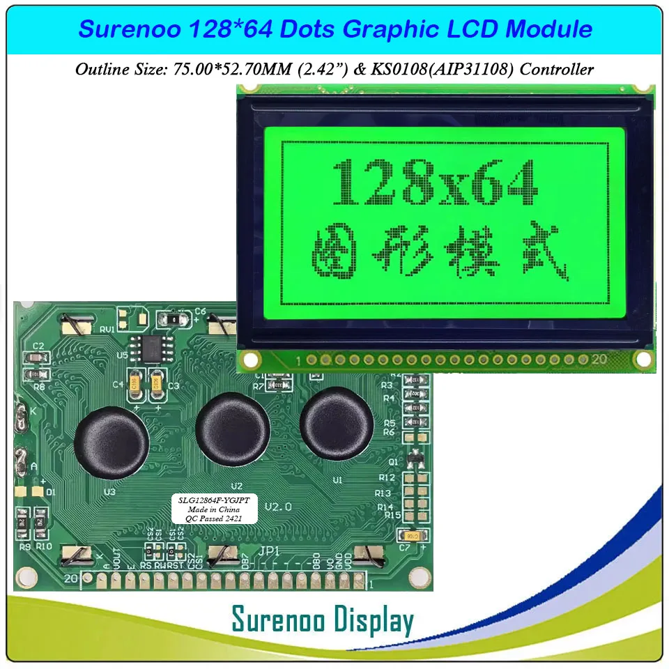 Surenoo 2.42" 75.0X52.7MM 12864 128*64 Graphic Matrix LCD Module Display Screen LCM build-in KS0108 Controller 4 Colors