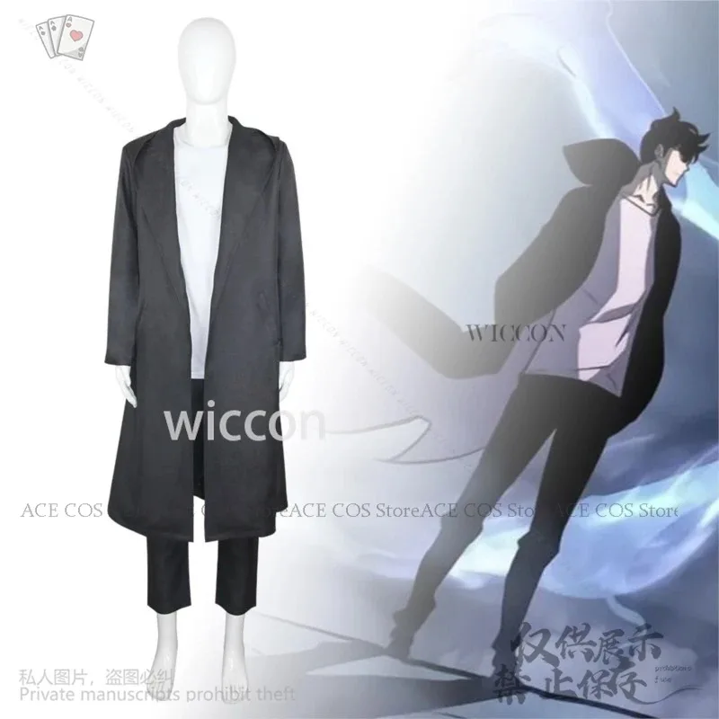 Anime Solo Leveling Cosplay Costume Sung Jin Woo Black Coat Pants Uniform Wig Suit for Men Halloween Party Expo Set DSWHDT2025