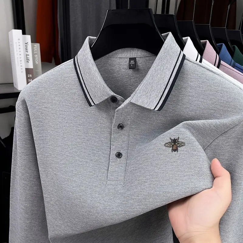 

Новое осеннее поступление, мужская рубашка поло из 100 хлопка, футболка с длинными рукавами и лацканами, высокое качество, вентилируемая модная повседневная мужская одежда с принтом пчелы