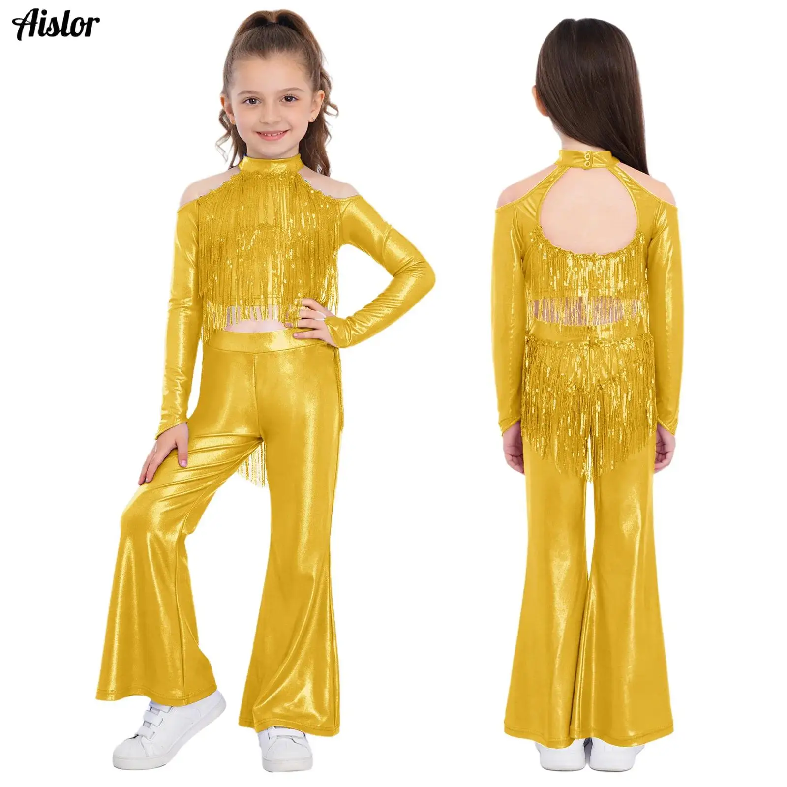 Kinder-Outfit für Mädchen mit Pailletten für Hochzeiten und Partys, Schulterfreies Langarm-Crop-Top mit Schlaghose für Geburtstag, Festzug und Ball