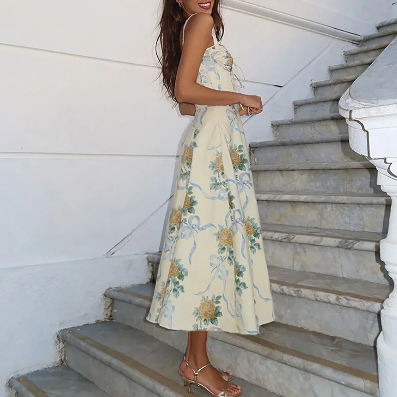 Verão floral impressão tubo topos halter vestido elegante fora do ombro estilo francês vestido de festa sexy sem mangas cintura alta a linha vestido