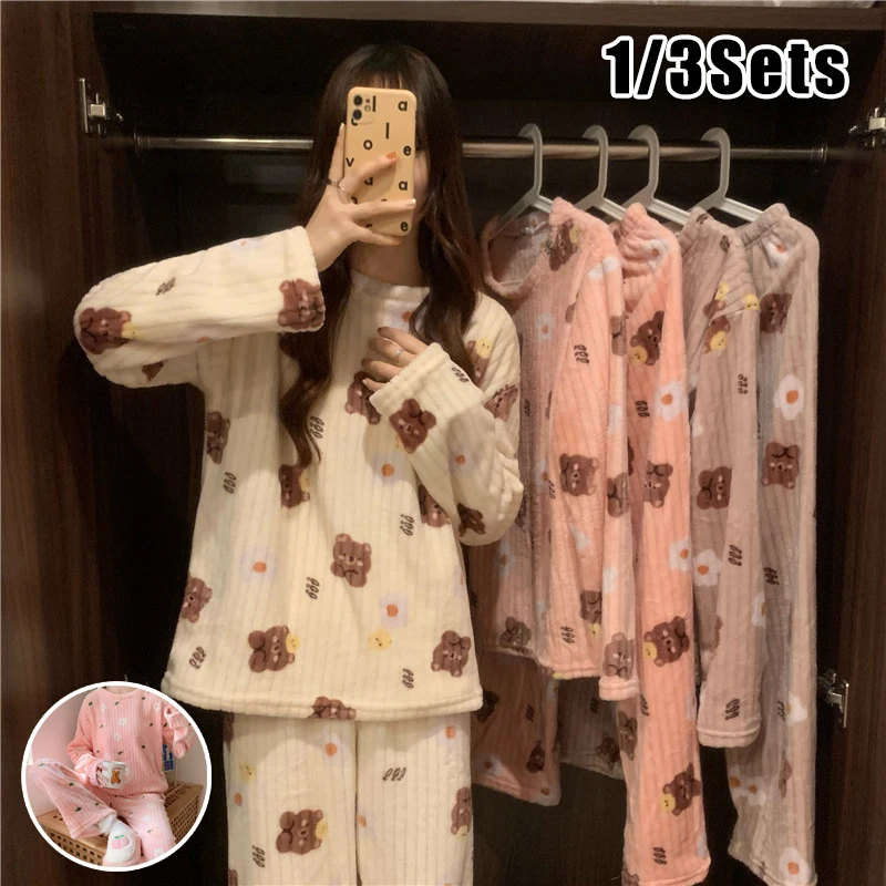 

Coral Fleece Pajama Set Women Peach Print Autumn Winter Homewear Comfy Warm Two Piece Loungewear Wearable Outdoors Must Have
