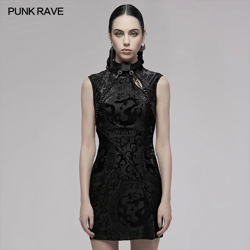 PUNK RAVE Women\'s Chinese Style Dragon Totem Pattern A-line Dress Gothic Daily Stretch Velvet Burnt-out Party Club Sexy Dresses