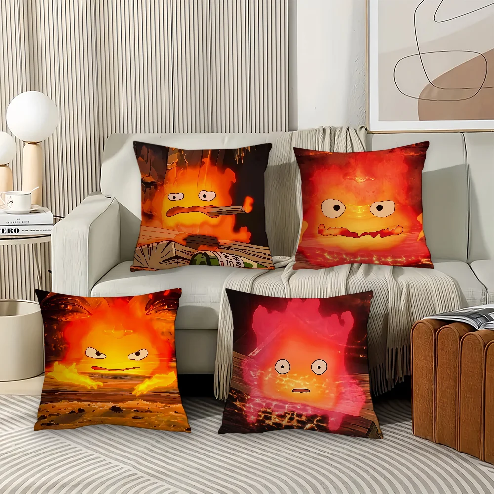 Funda de almohada de dibujos animados H-Howl M-Moving Castle Calcifer Fire, cojines de oficina adecuados para sofá, coche, dormitorio, funda de cojín decorativa