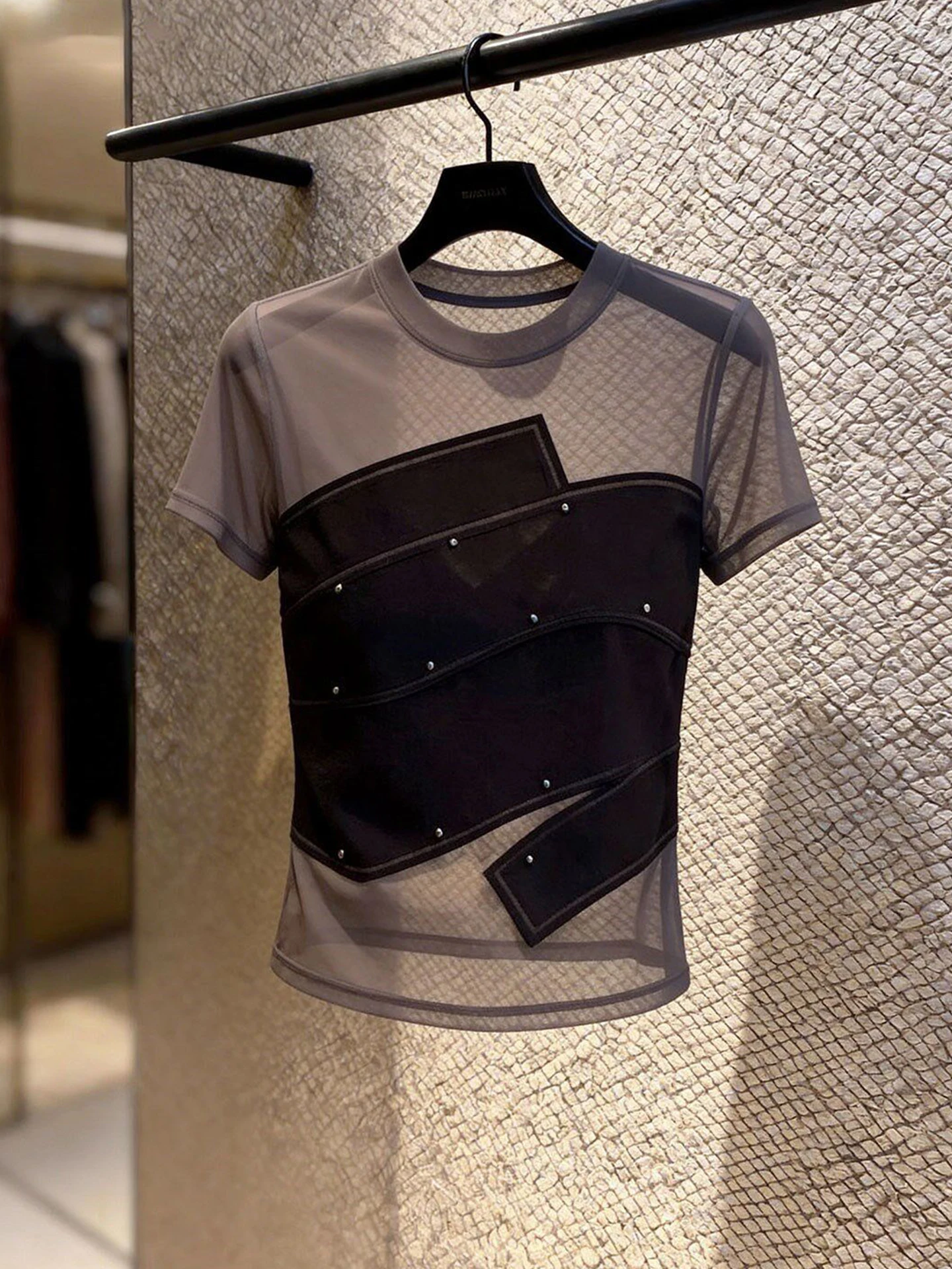 Fashionable Mesh Splice Design Short Sleeve T-Shirt Women's Korean Style Slimming Top Commute Style Straight Tube Type
