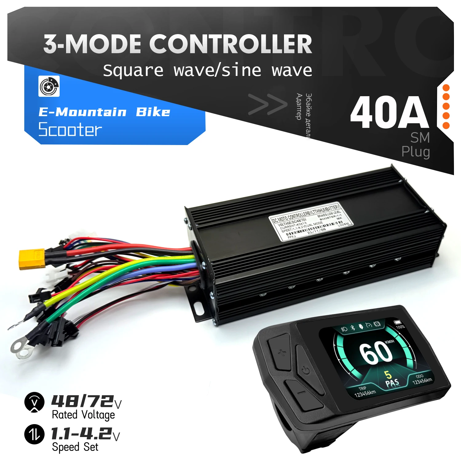 

Ebike 48V 72V 40A Three-Mode Sine Wave/Square wave Learning Function Controller T24 Color LCD Display Throttle 1500W 2000W Motor