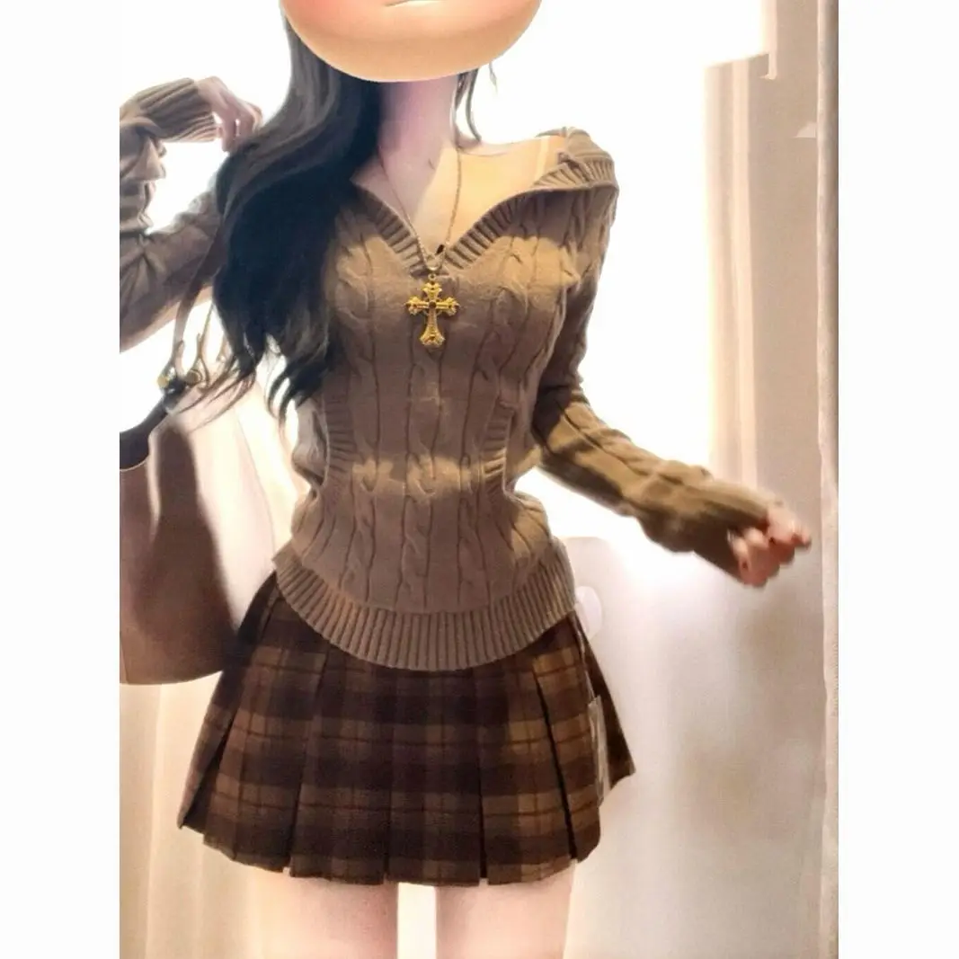 Chic Plaid High Waist Skirt And Knitwear Set for Women in Khaki with Hat Autumn Winter Fashion Outfit College Style