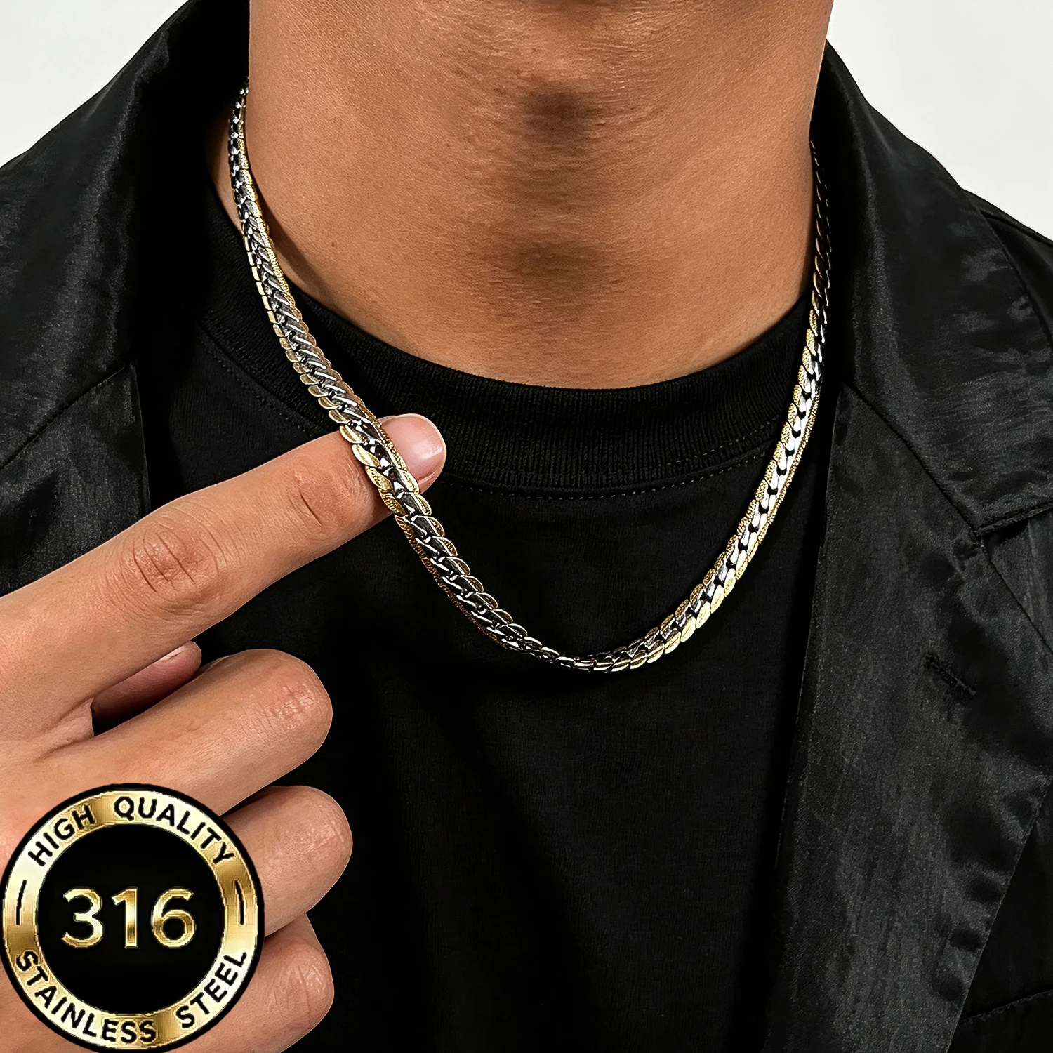 316L Stainless Steel Two Tone Curb Chain Necklace Hypoallergenic Non Fade Waterproof Flat NK Snake Jewelry for Men Women Daily