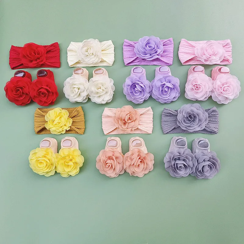 

3Pcs/set New Cute Soft Stretch Chiffon Flower Baby Headband Socks Newborn Knot Wide Nylon Headwraps Infant Girls Headwear Photo