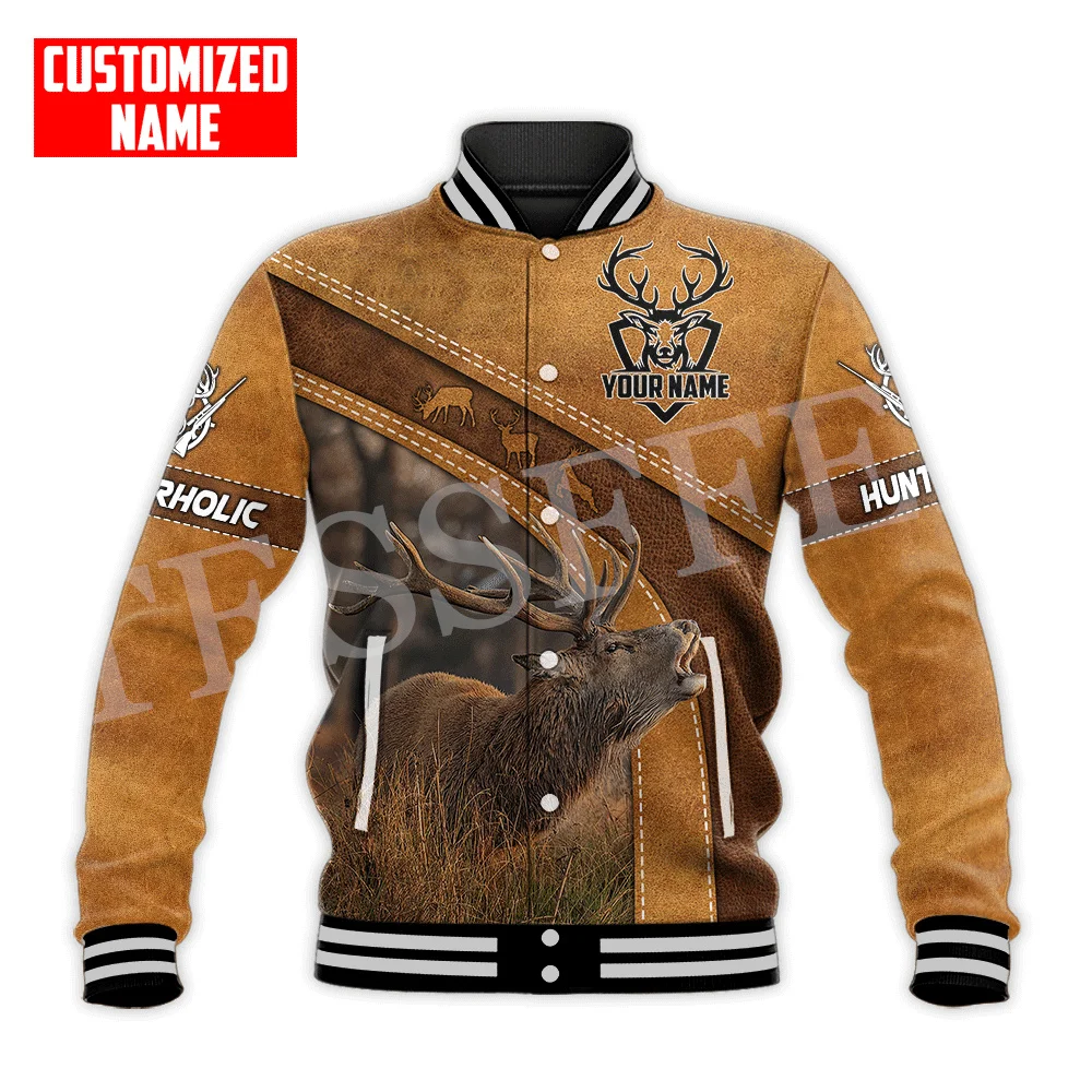 Custom Name Deer Hunting Animal Hunter Camo Cosplay Tattoo Retro Harajuku Windbreaker 3D Button Bomber Jacket Baseball Jacket X3