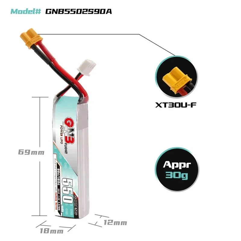 GNB 2S 7.4V 550mah 90C/180C HV LiPo Battery XT30U-F Plug for TINY8X Blade Inductrix FPV QX2 120S Beta75S BetaFPV Drone