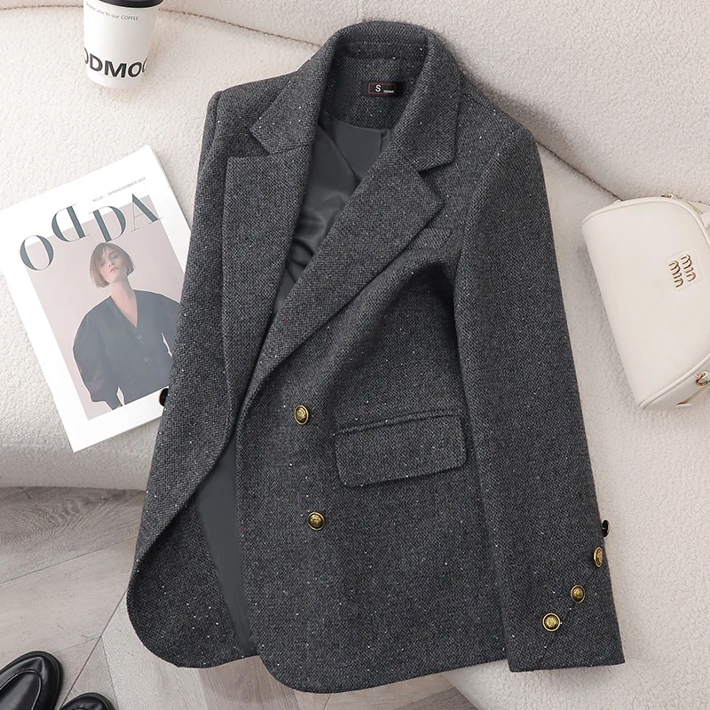 French Fashion Women Solid Long Sleeve Woolen Blazer Coat 2025 New Autumn Winter Ladies Elegant Double Breasted Jacket Versatile