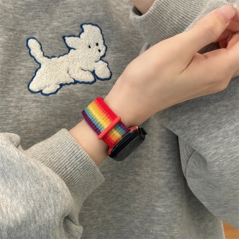 INS Pride Rainbow Nylon Sticker Band Loop For Apple Watch 45mm 41 40 44 42 38mm Lovely Soft Sports Strap For Series 9 8 7 6 5