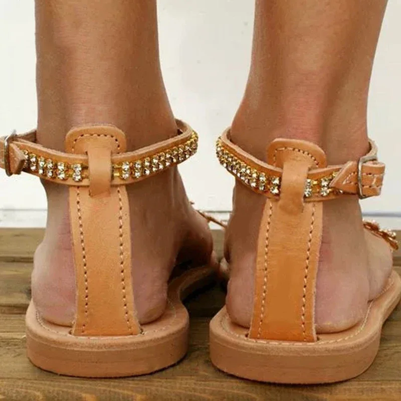 Summer Flat Sandals Women Bohemian Style Shoes Casual 2022 Beach Wedding Sandals Shoes Plus Size Rhinestone Open Toe