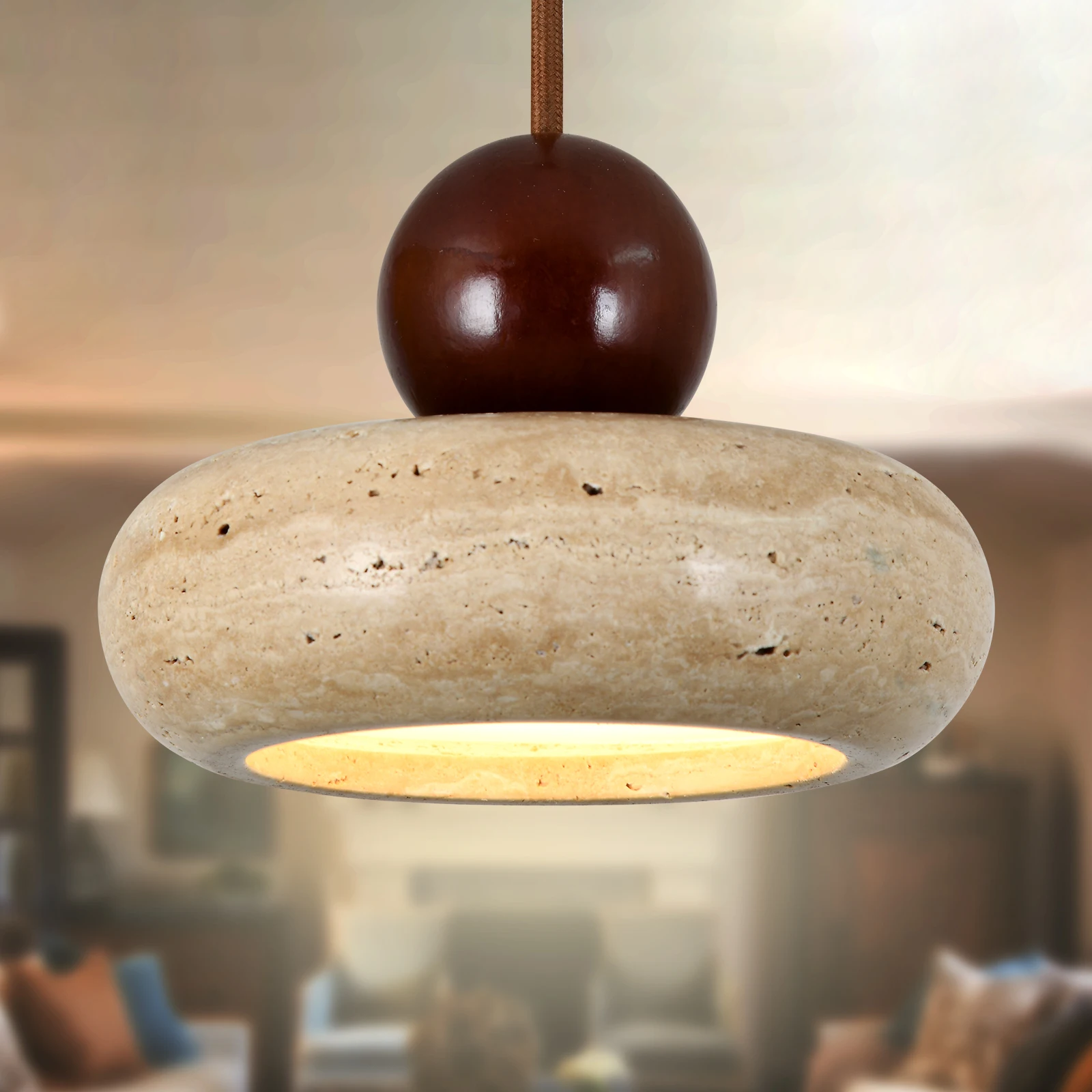 Cream Style Yellow Travertine Pendant Lights, Nature Stone Wood Hanging Lamps for Bedroom Bedside Restaurant Kitchen Island
