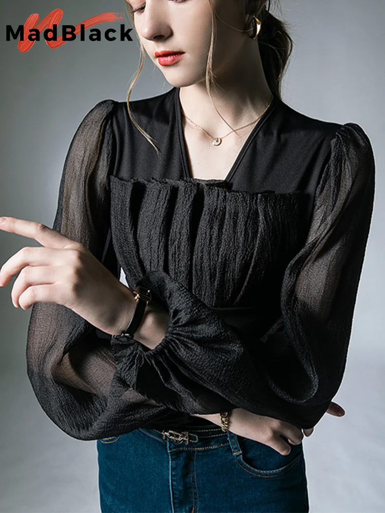 

MadBlack European Clothes Tshirt Women Sexy V Necks Sheer Slim Mesh Patchwork Tops Long Sleeve Tee Autumn Spring T39857JM