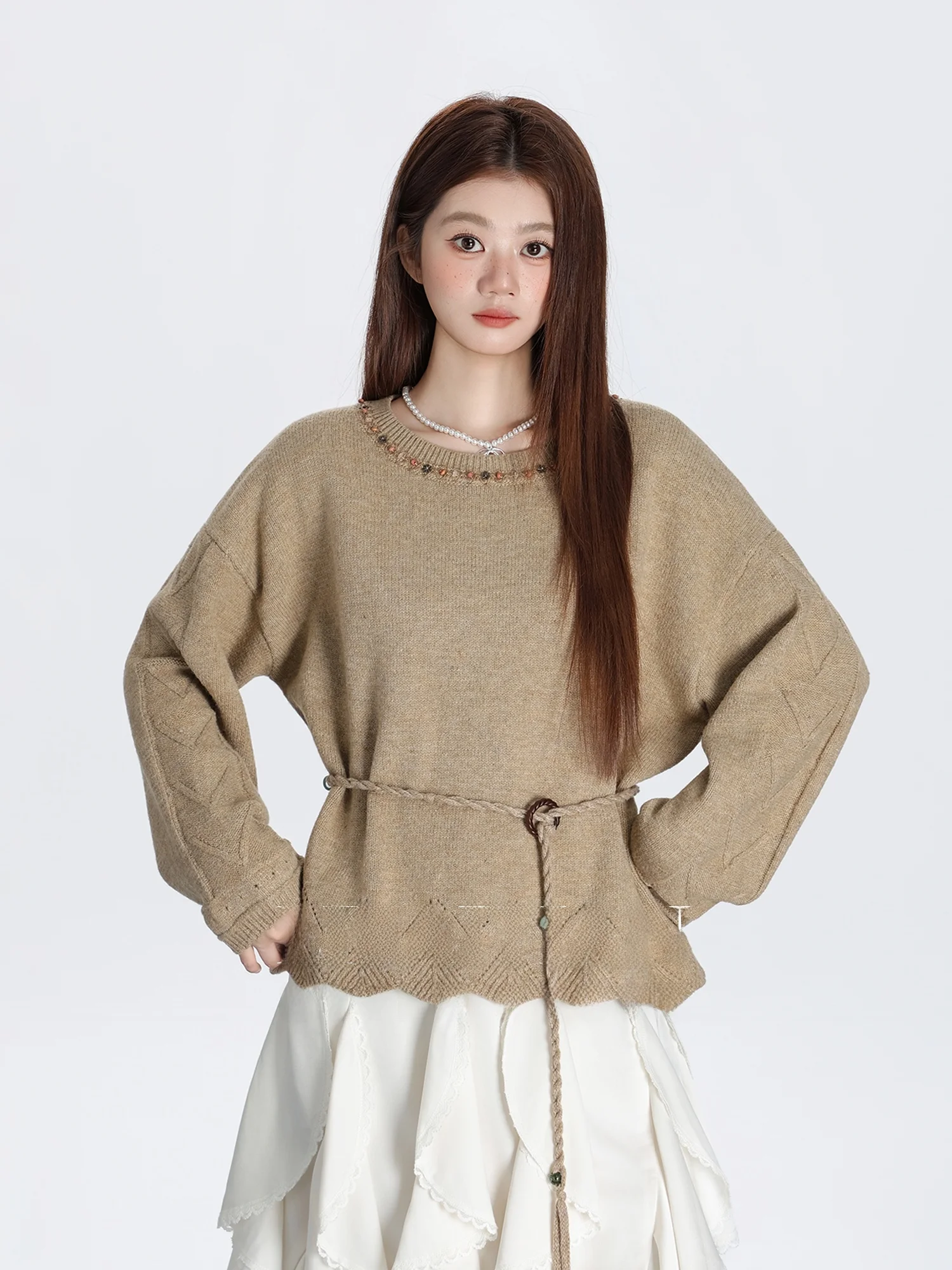 

Women's round Ne Knitwear Belted Waist Design Coffee Color 2025 Autumn Winter New Sle ort Top American Sle Faion