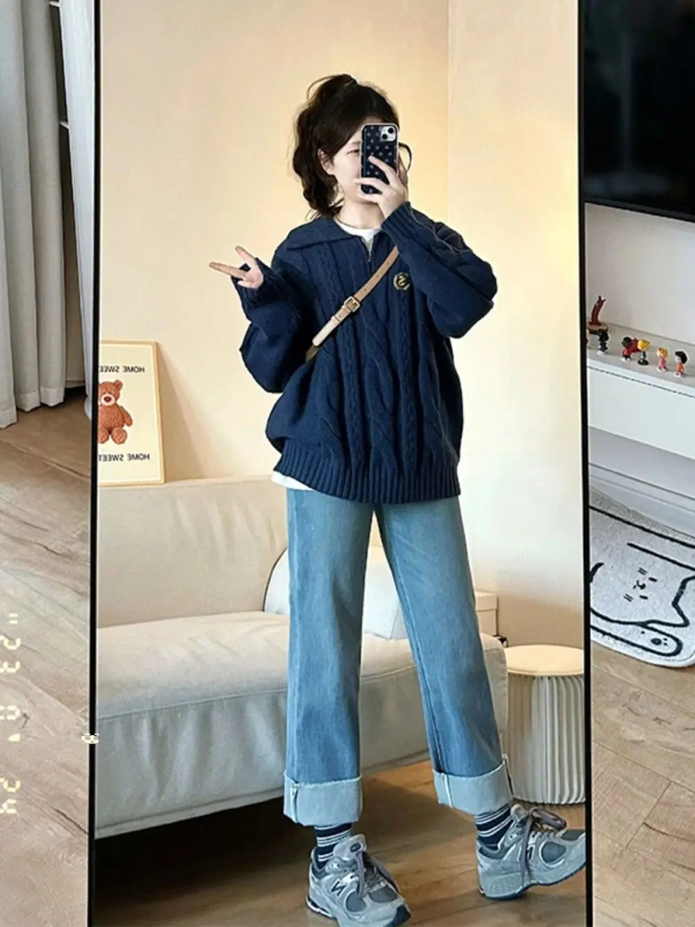 Autumn and Winter Korean Fashion Soft Sticky College Style Knitted Sweater Jeans Two Piece Set for Women