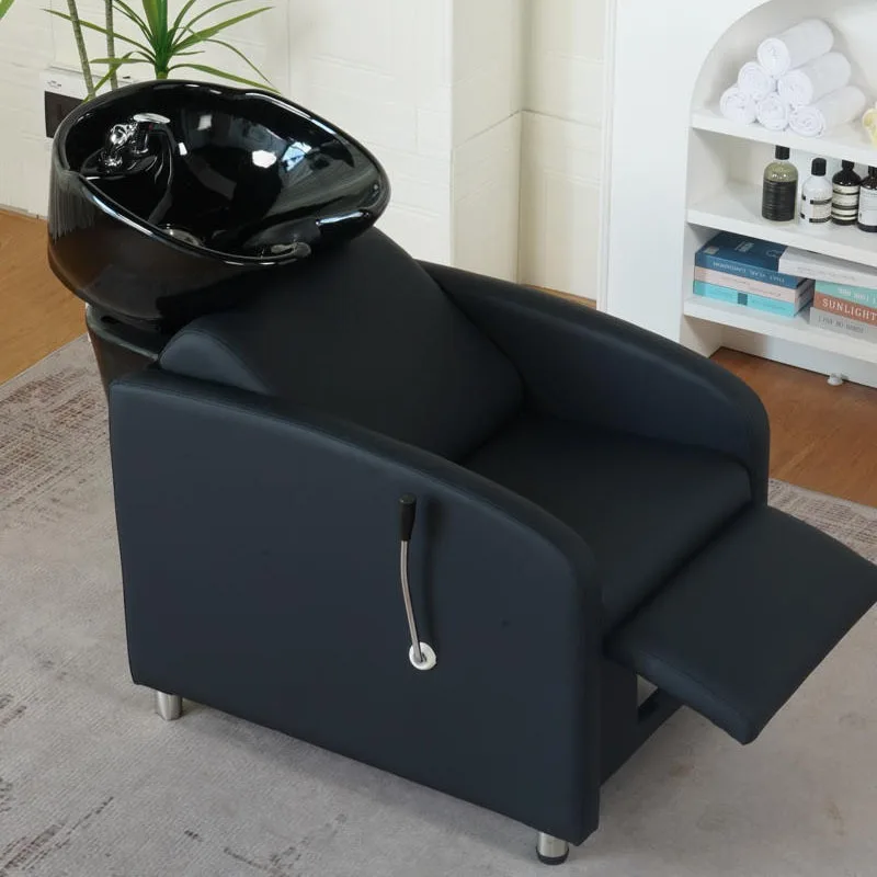 Modern Durable Salon Ceramic Shampoo Bowl and Chairs Washing Chair Backwash Unit Black