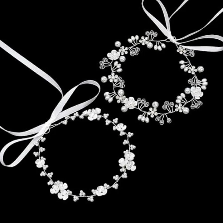 Flower Girl Hair Accessory, 2PCS Flower Girl Headband for Wedding, Princess White Flowers Pearl Hair Dress for Bride, Rhineston