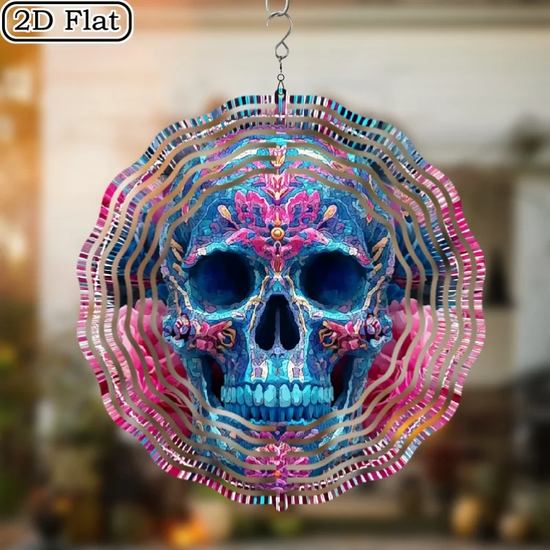 CIFbuy 2D Metall-Windspiele Weihnachten Halloween Dia De Los Muertos Drehendes Hängedekor Totenkopf Blumenmuster für Garten und Hof