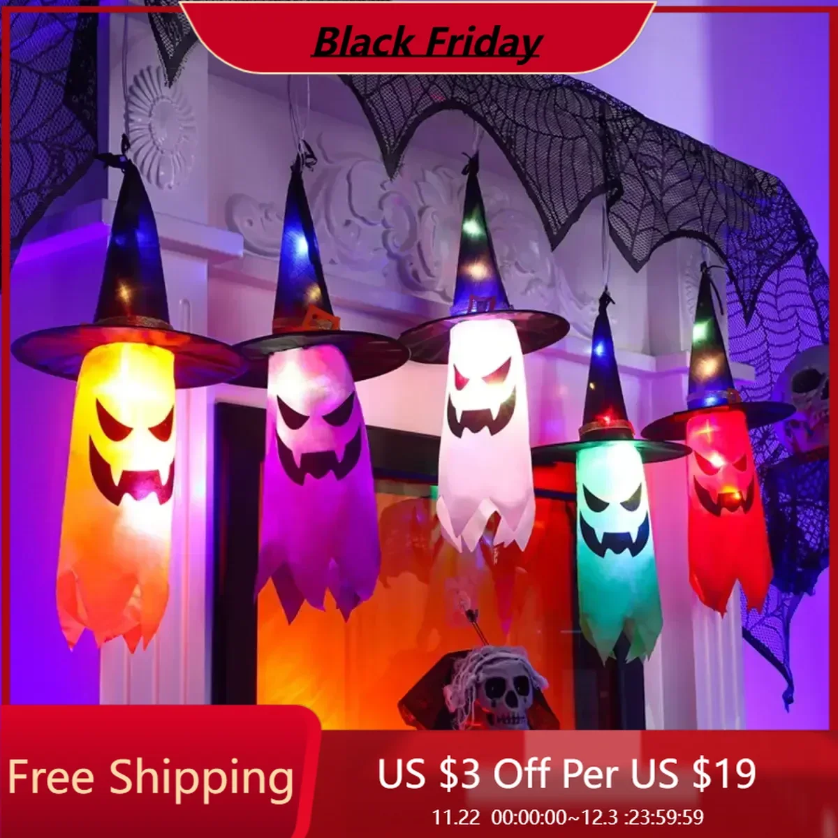 5 Pcs Halloween Witch Hat String Lights,Colored LED Lights Halloween Glowing Decoration for Yard Tree Garden Party Decor