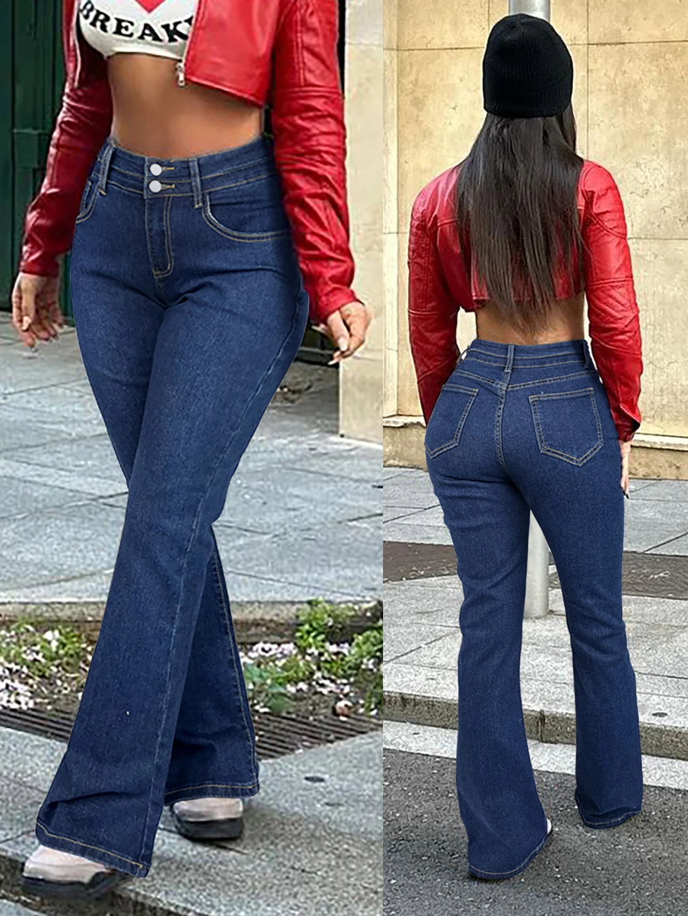 Casual Slant Pocket Double Button High Waist Slim Flared Jeans Women's Stretchy Simple Bootcut Jeans Campus Street Daily Jeans