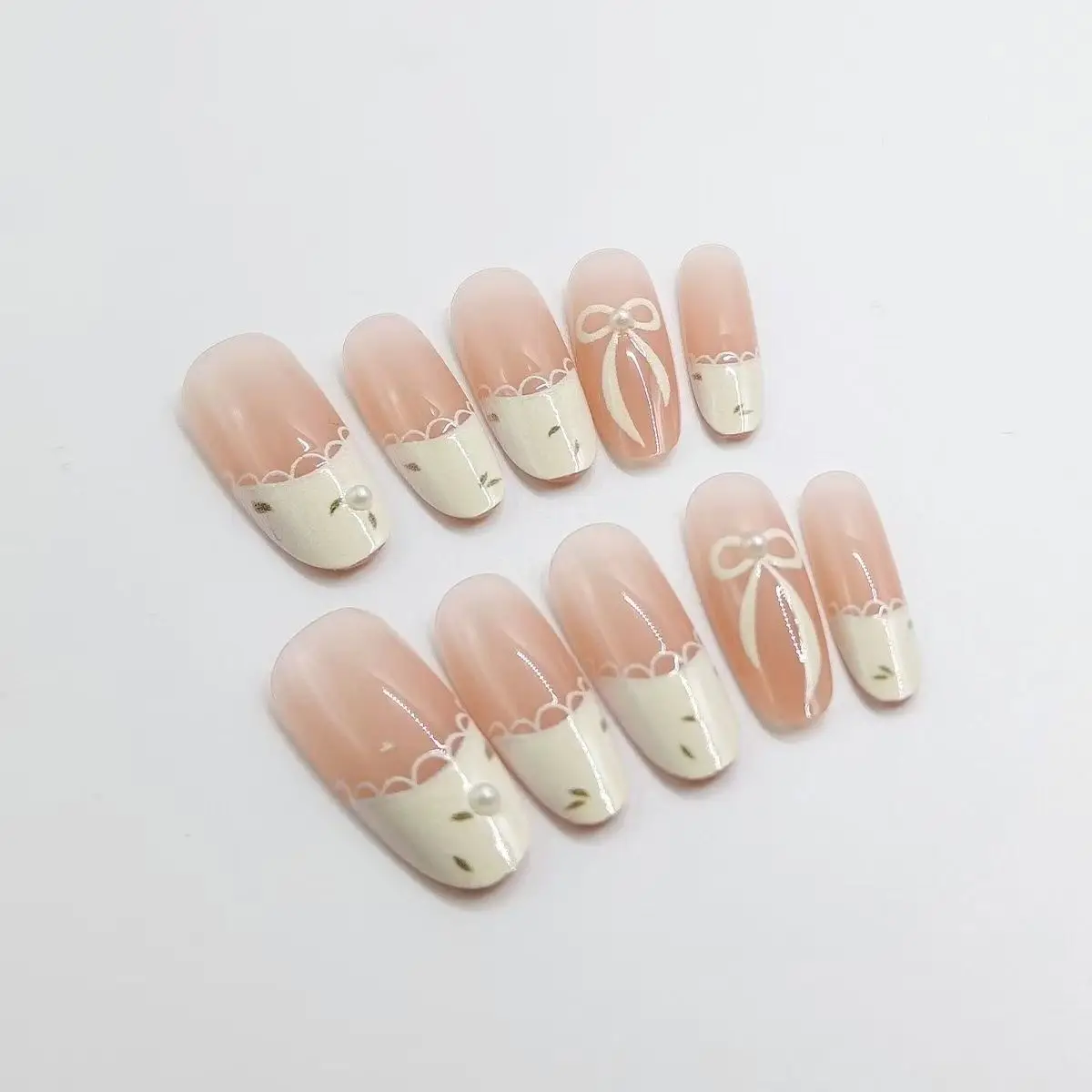 

10pcs Bow Nude Pink Press On Nails Almond White French Fingertips Almond Full Cover Reusable Woman Cute False Nail Art Tips