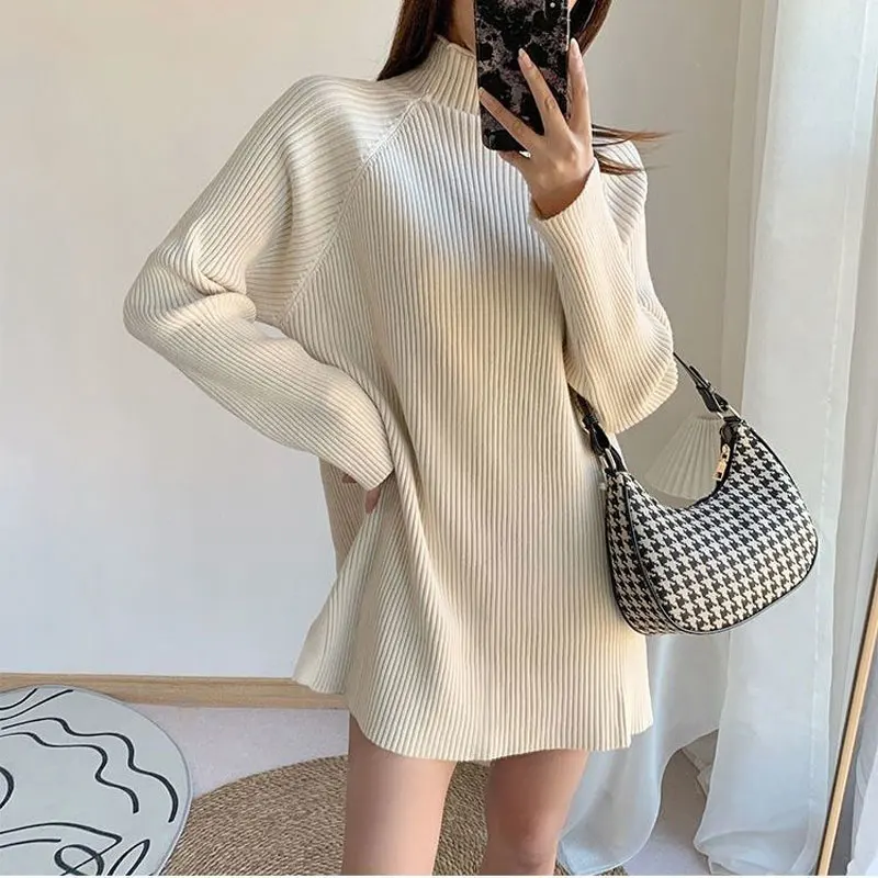 

Half High Collar Knitted Midi Sweaters 2024 Autumn Winter Casual Solid Color All-match Female Clothing Loose Long Sleeve Jumpers