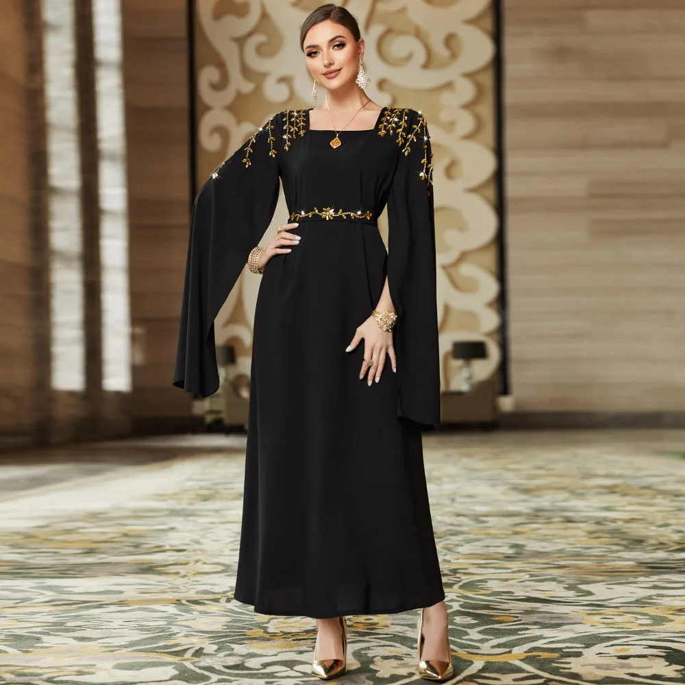 Luxury Middle East Black Muslim Dress for Women Eid Arabic Femme Evening Party Clothing Islamic Long Sleeve Turkey Dresses