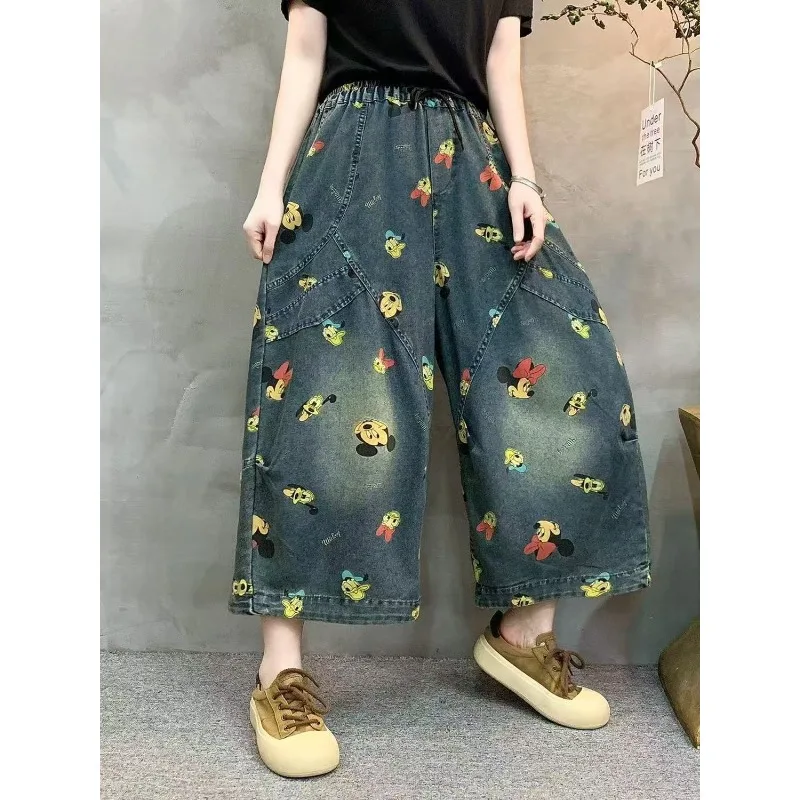 

y2k pan Women's Disney Mickey Print Jeans High Waist Wide Leg Capri Pants Big Pocket Patchwork Pleated Loose Slim Denim Trousers