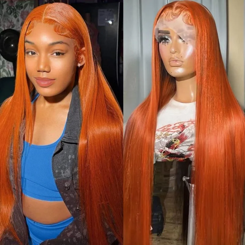 350 باروكة من شعر طبيعي ملون تم قطعه مسبقًا مع شعر أطفال 180% كثافة شعر مستعار زنجبيل شعر بشري 13x4 مستقيم زنجبيل برتقالي #1