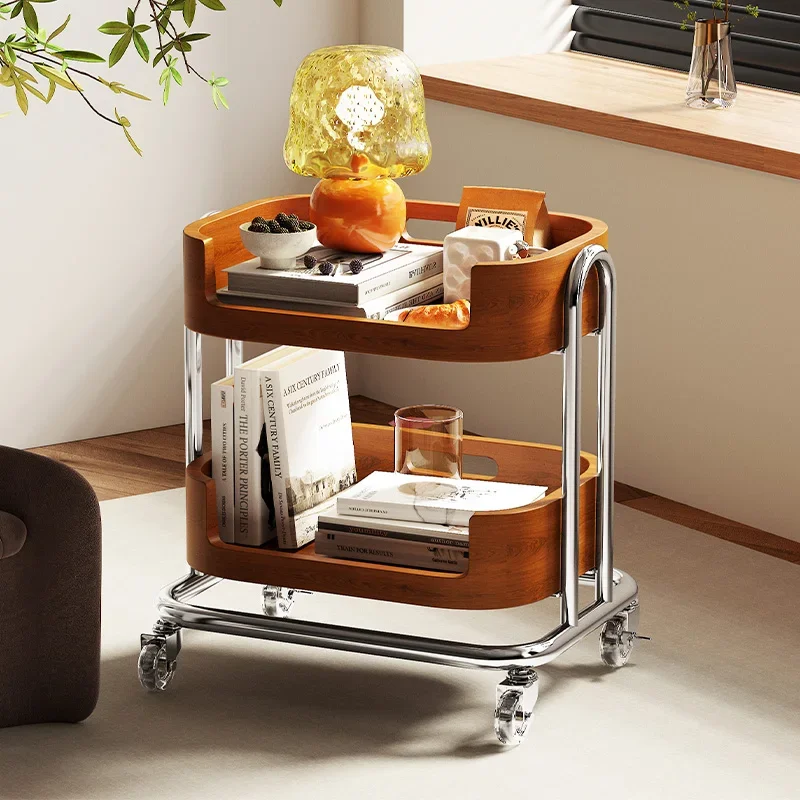 Solid Wood Living Room Sofa Mobile Side Table Cart Storage Coffee Table Snack Storage Rack Bedroom Storage Side Tables