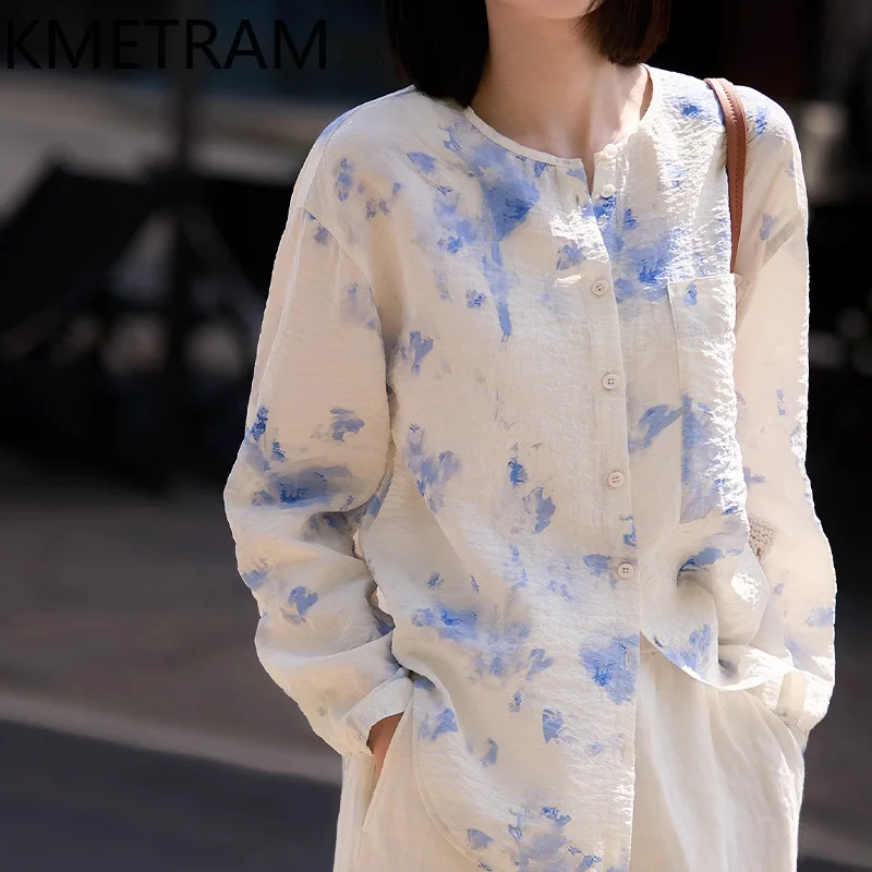 

KMETRAM Natural Mulberry Silk Blouse Woman Round Neck Summer Tops for Woman Clothes High Quality Shirts Woman Tops Femme 2025