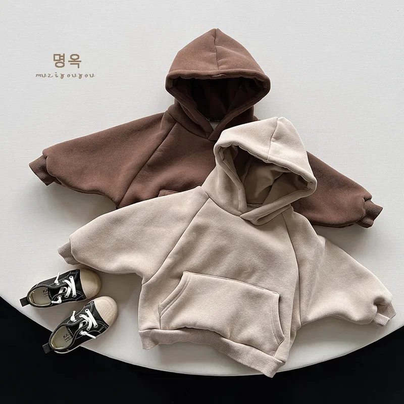 Boy Hoodie Top Children Integrated Fleece Hoodie 2024 Autumn and Winter New Korean Style Hooded and Fleece Pullover Solid Tops