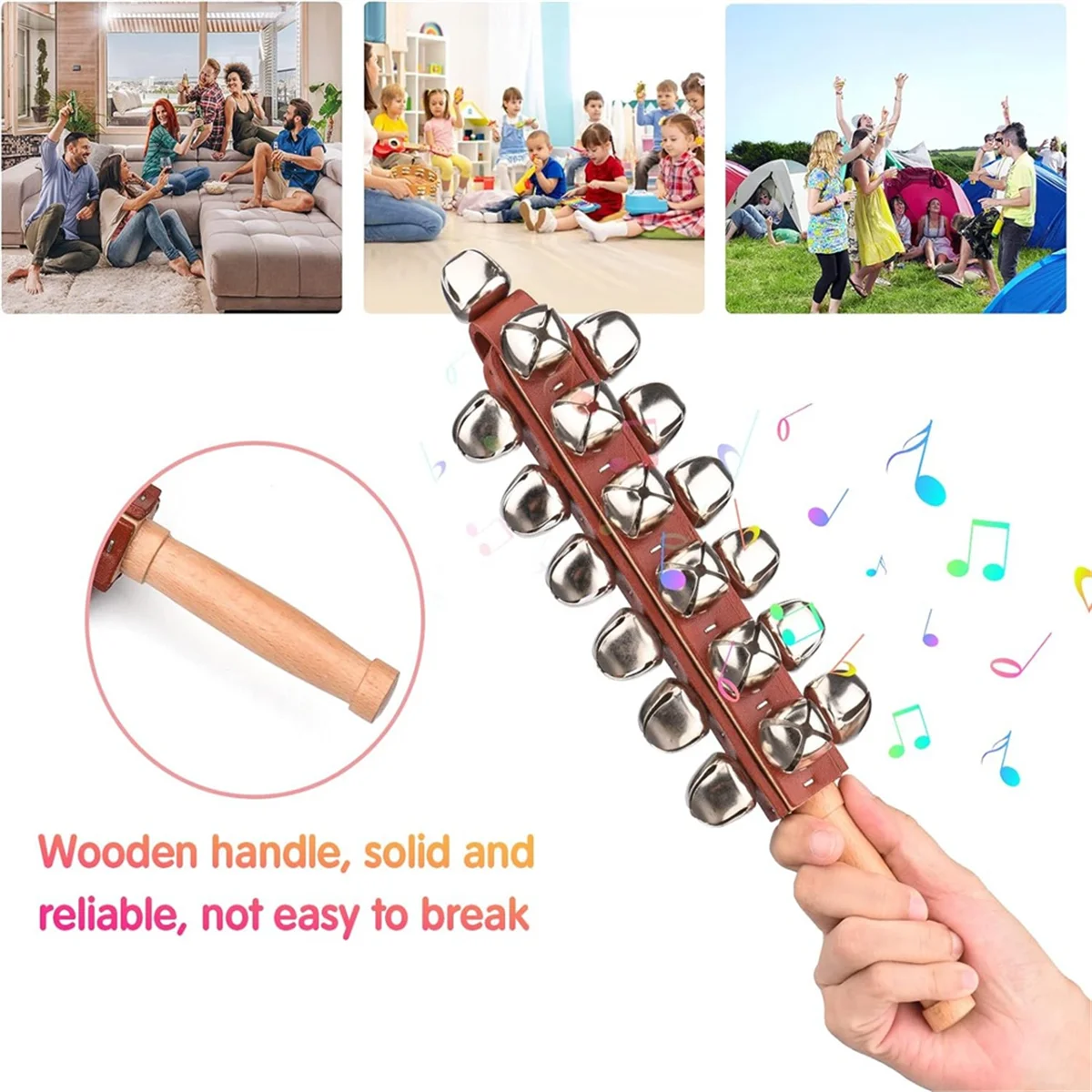 Hand JingleBells Hand Sleigh Bells Wooden Shaker Jingle Bells Stick Musical Percussion Instrument Bells for Holiday Home