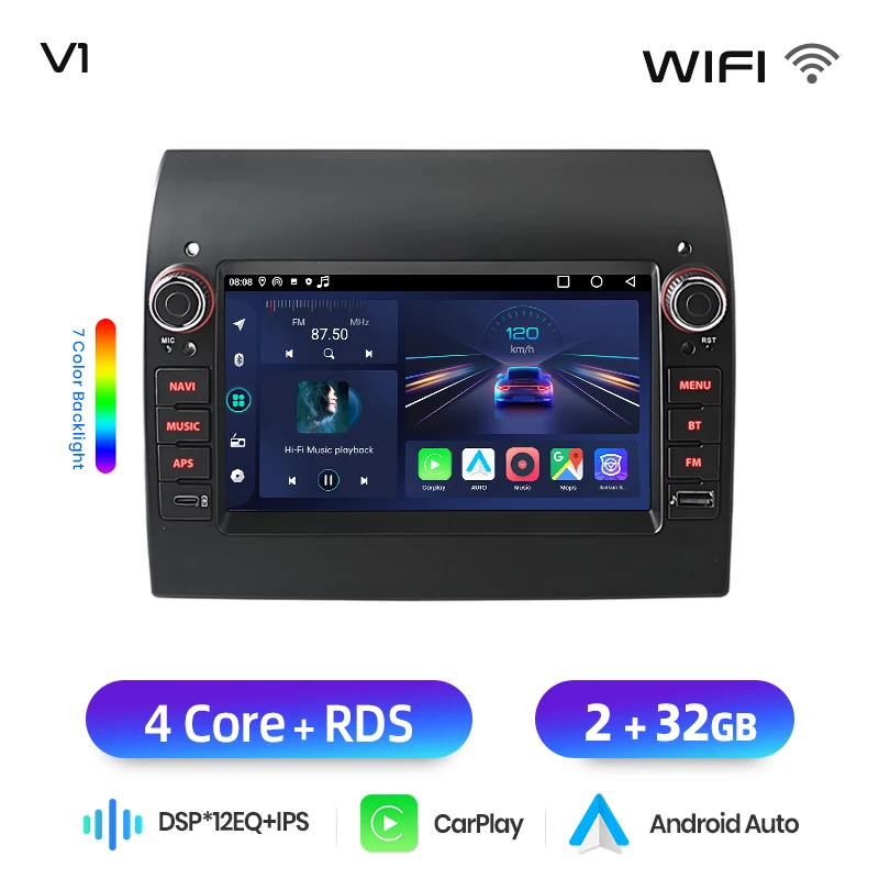 Junsun 7" draadloze CarPlay Android Auto autoradio voor Fiat Ducato 2015 2016 2017-2020 Multimedia draadloze Apple CarPlay slimme intelligente systemen IPS touchscreen stereo videospeler 2 Din