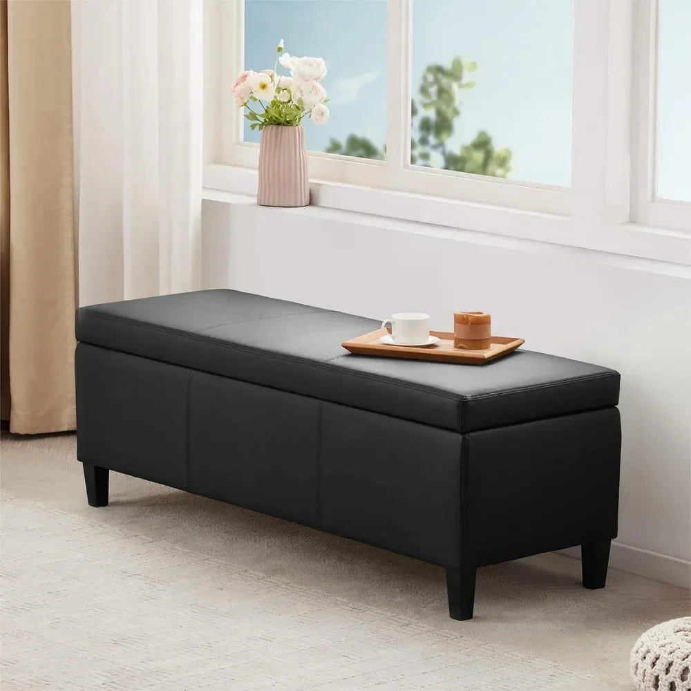 Faux Leather Storage Ottoman Bench, 50.3 Inch Extra Long PU Upholstered Bedroom Bench with Large Storage Space, Ottomans